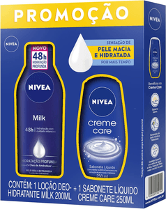 nivea-kit-locao-hidratante-milk-pele-seca-a-extrasseca-200ml-sabonete-liquido-creme-care-250ml - Imagem