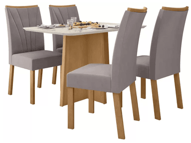 mesa-de-jantar-4-cadeiras-retangular-branca-e-amendoa-moveis-tampo-de-vidro-lopas-celebrare - Imagem