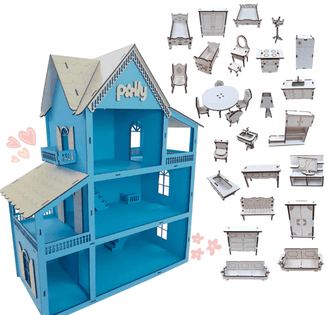casa-de-bonecas-casinha-mdf-60cm-com-30-mini-moveis-cor-azul-frozen - Imagem