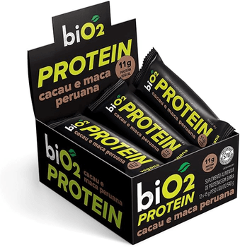 bio2-display-barra-de-proteina-cacau-maca-peruana-e-pasta-de-amendoim-12-unidades-de-45g-protein-bar-vegana-e-sem-gluten - Imagem