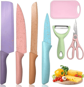 conjunto-de-7-facas-de-cozinha-coloridas-com-caixa-de-presente-laminas-antiaderentes-com-aco-inoxidavel-de-conjunto-de-facas-de-cozinha-chef-incluindo-um-descascador - Imagem