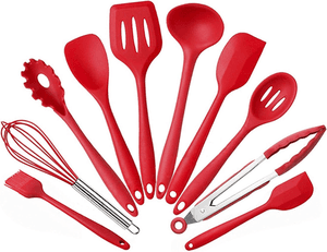 jg-store-kit-10-pecas-jogo-de-utensilios-de-silicone-macico-cozinha-inox-pegador-espatula-colher-concha-pincel-vermelho - Imagem