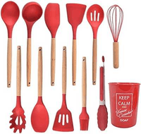 jogo-conjunto-kit-de-utensilios-silicone-inox-13-pecas-para-cozinha-vermelho - Imagem