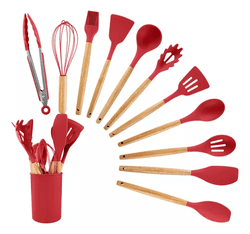 kit-12-utensilios-cozinha-silicone-cabo-de-madeira-pegador - Imagem